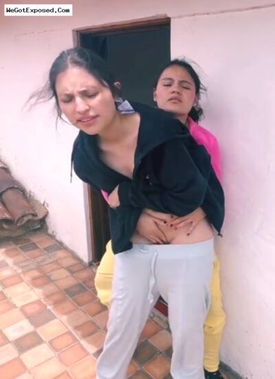 Viral terrace lesbian pussy rubbing, two wild Nude girls