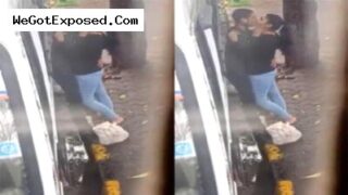 Young college couple kissing outdoor when meet at coaching classes